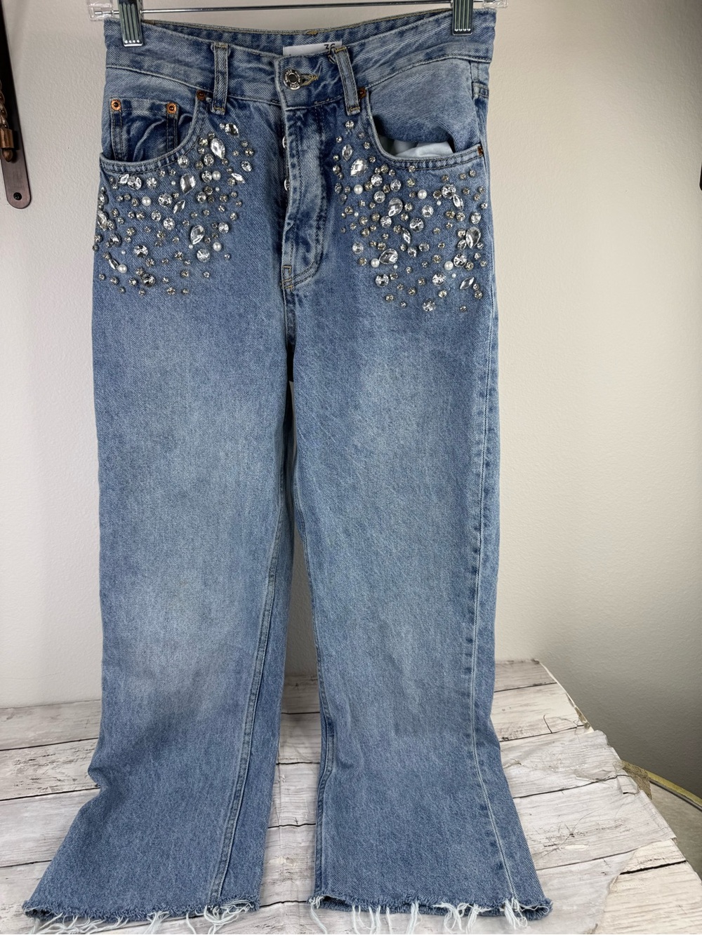 stradivarius Light Blue Jeweled Wide Leg Jeans